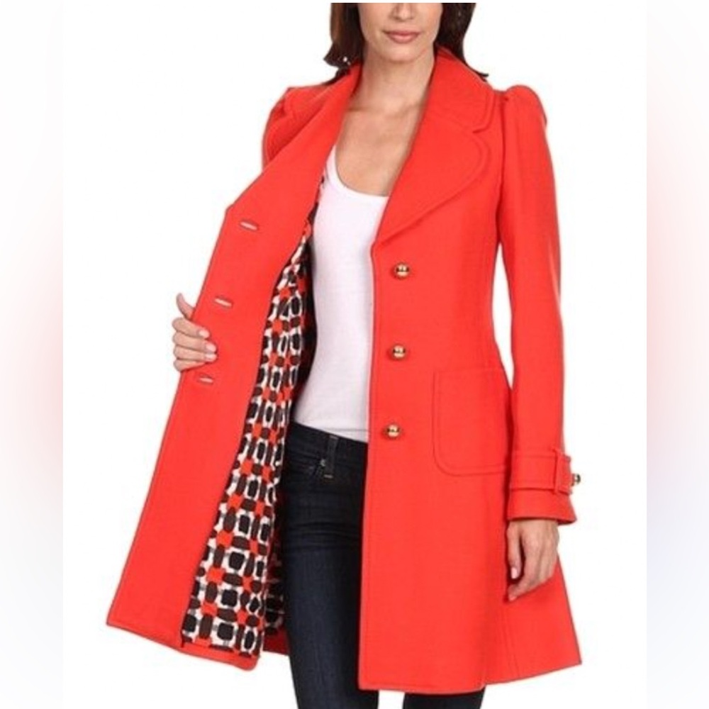 Kate Spade Eryn Wool Trench Coat with Gold Buttons and Patterned Lining Sz 12